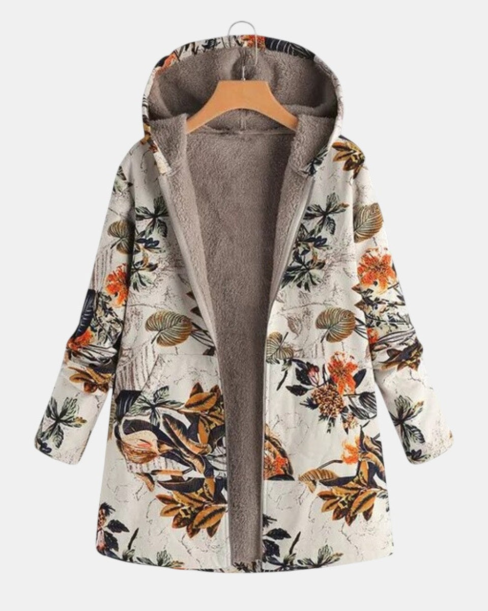 Elena | Płaszcz z kapturem w stylu boho z motywem kwiatowym z tkaniny sherpa