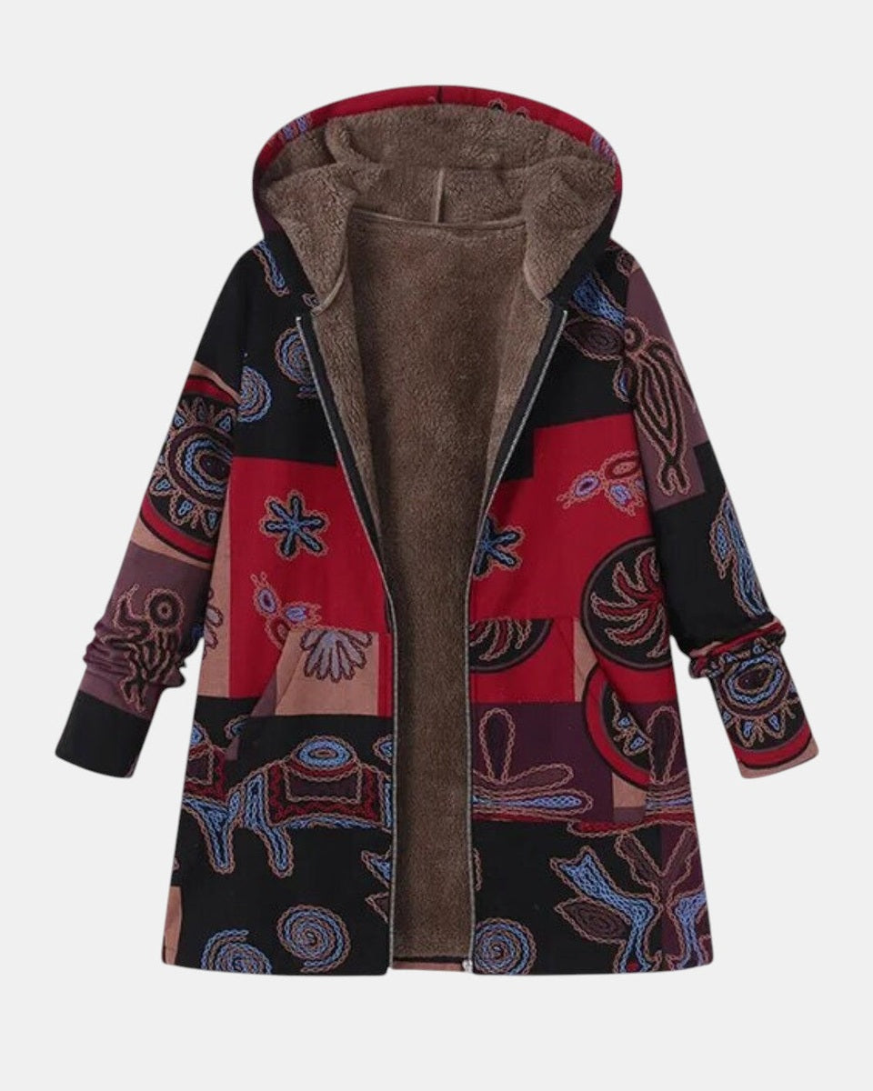 Marina | Płaszcz z kapturem w stylu boho z abstrakcyjnym patchworkiem