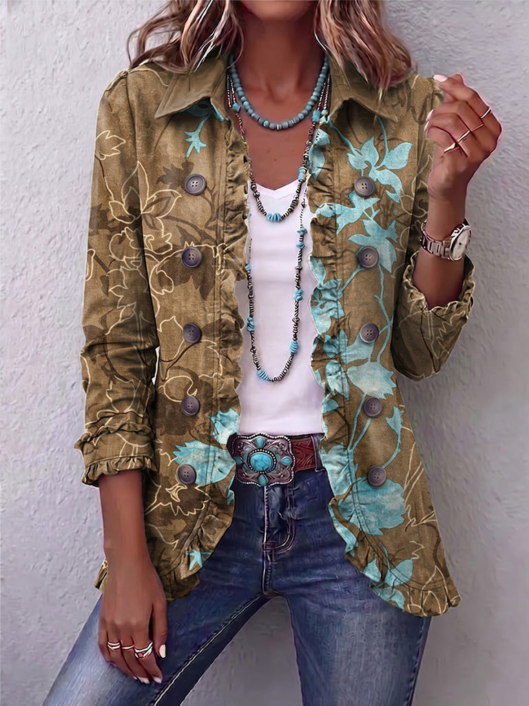 Lilia | Boho Gradient Vintage Kwiatowy Kurtka z Falbanami